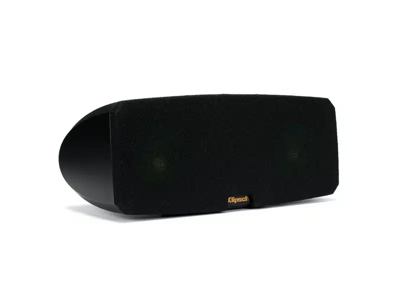Klipsch Reference Theater Pack 5.0 Klipsch speaker with black fabric grille and curved left end