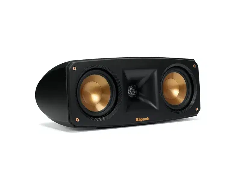 Klipsch Reference Theater Pack 5.0 Klipsch center channel speaker with two copper woofers, horn-loaded tweeter, and curved cabinet.