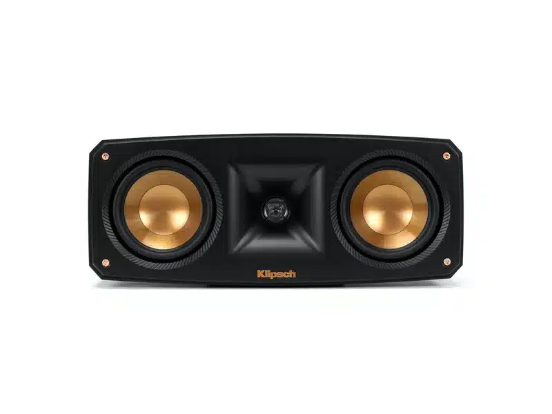 Klipsch Reference Theater Pack 5.0 Klipsch center channel speaker with dual copper woofers and a central horn tweeter.