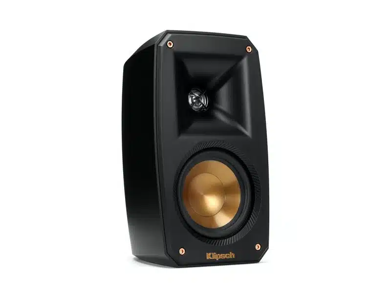 Klipsch Reference Theater Pack 5.0 Klipsch bookshelf speaker with copper woofer and horn-loaded tweeter in a black cabinet.