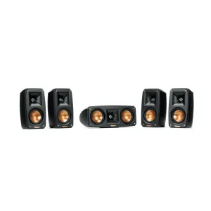Klipsch 5-piece black home theater speaker set with copper drivers: two bookshelf monitors, a center channel, and two surround speakers.