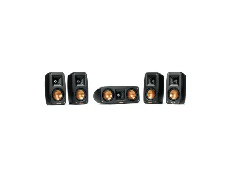 Klipsch Reference Theater Pack 5.0 Klipsch 5-piece black home theater speaker set with copper drivers: two bookshelf monitors, a center channel, and two surround speakers.