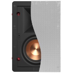 Partial view of a black speaker with copper woofer and perforated metal grille covering the right side.
