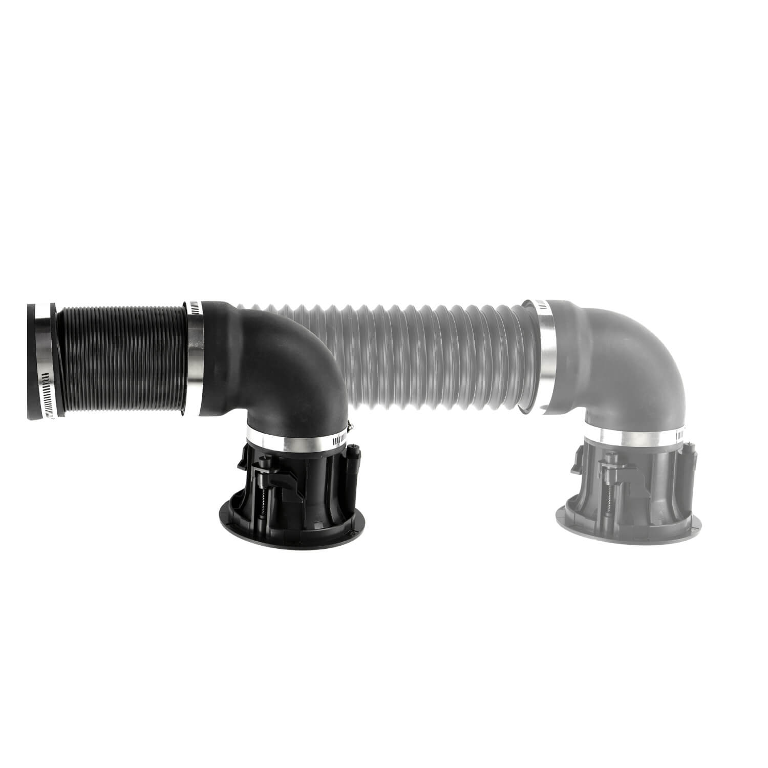 Klipsch Pro-800Sw Automotive air intake pipe with ribbed duct and silicone elbow, mounted on a plastic base.