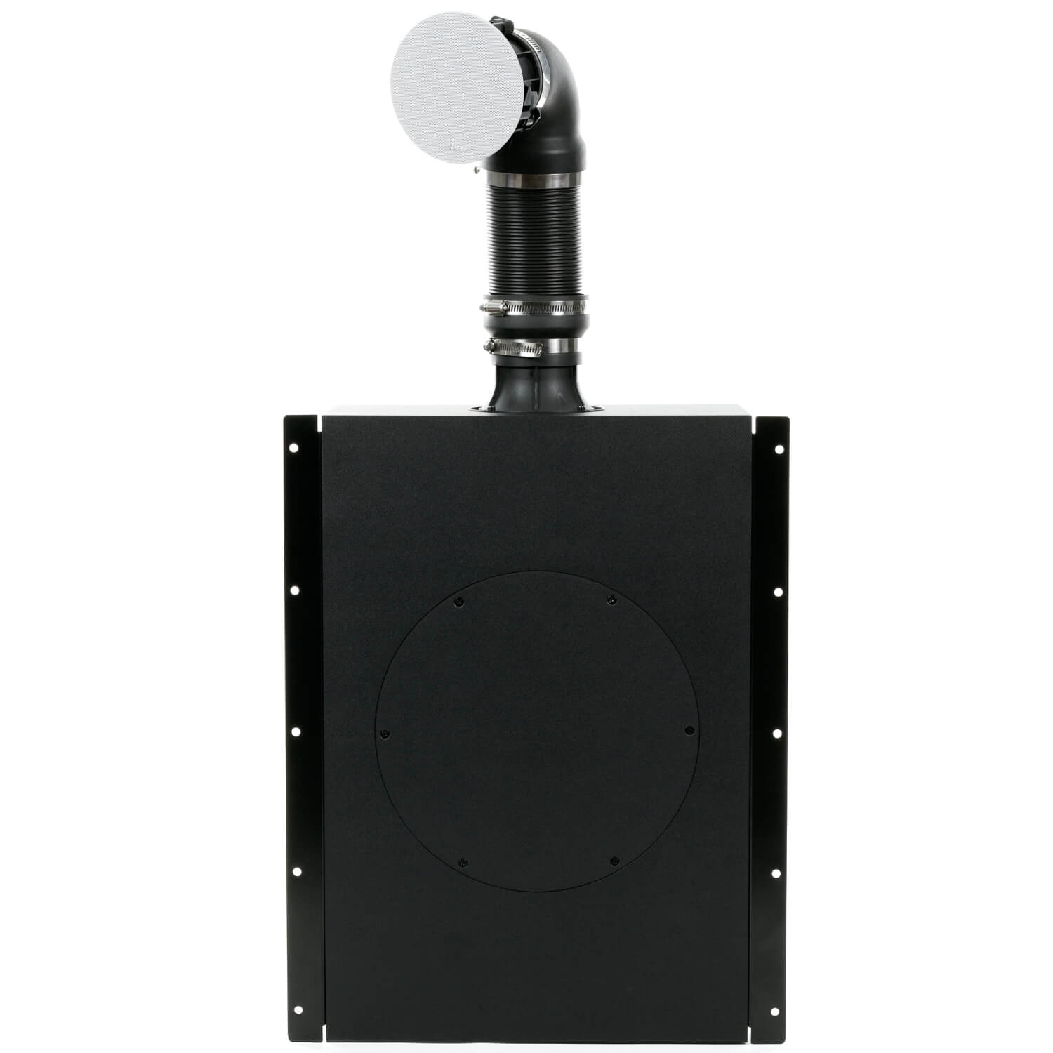 Klipsch Pro-800Sw Black industrial equipment enclosure with round vent at top via flexible duct and circular access plate on front.