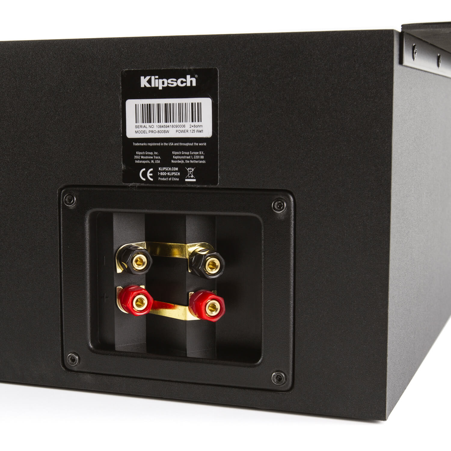 Klipsch Pro-800Sw Klipsch subwoofer back panel with gold binding posts and bridging bar.
