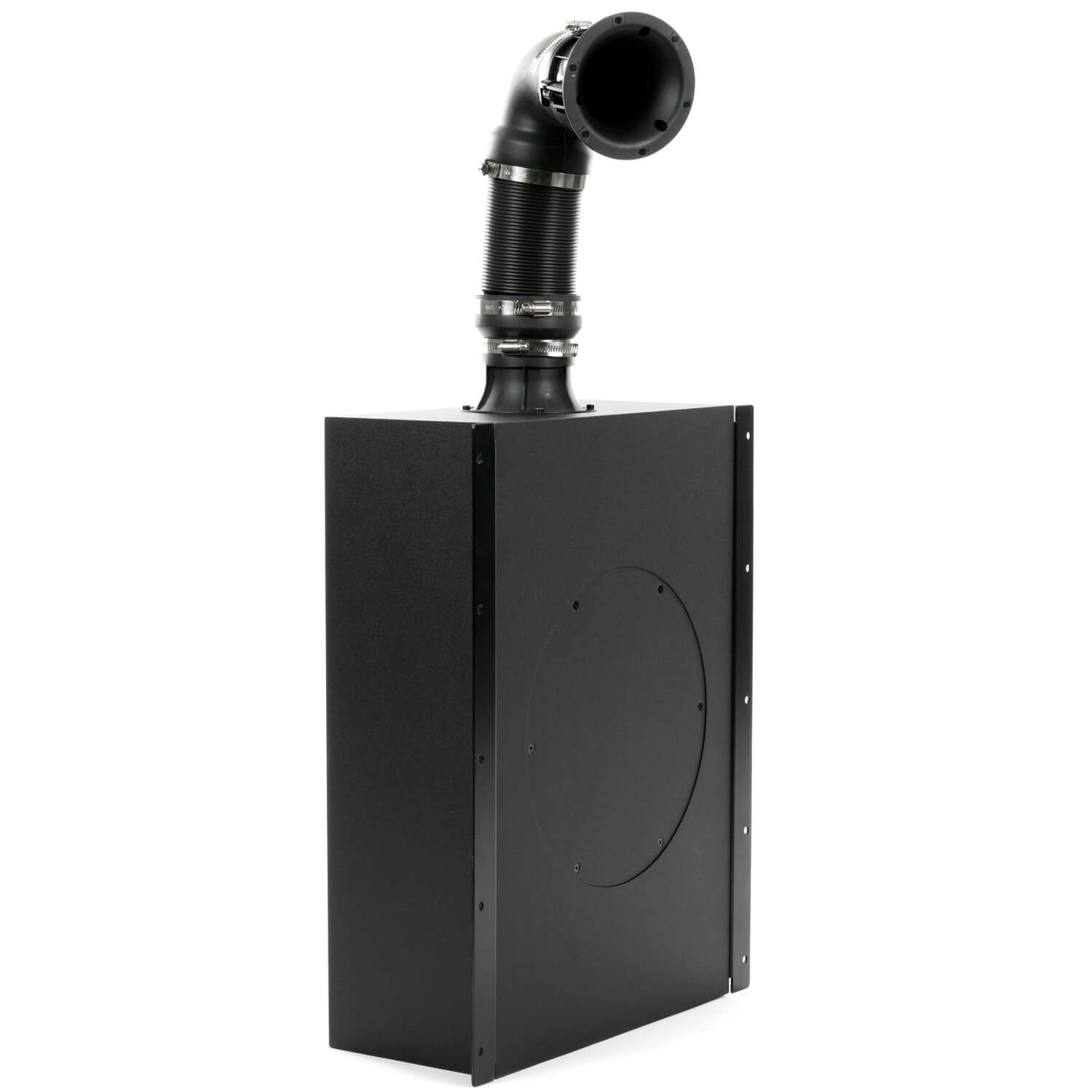 Klipsch Pro-800Sw Black metal industrial equipment enclosure with a vertical corrugated exhaust duct and top elbow flange.