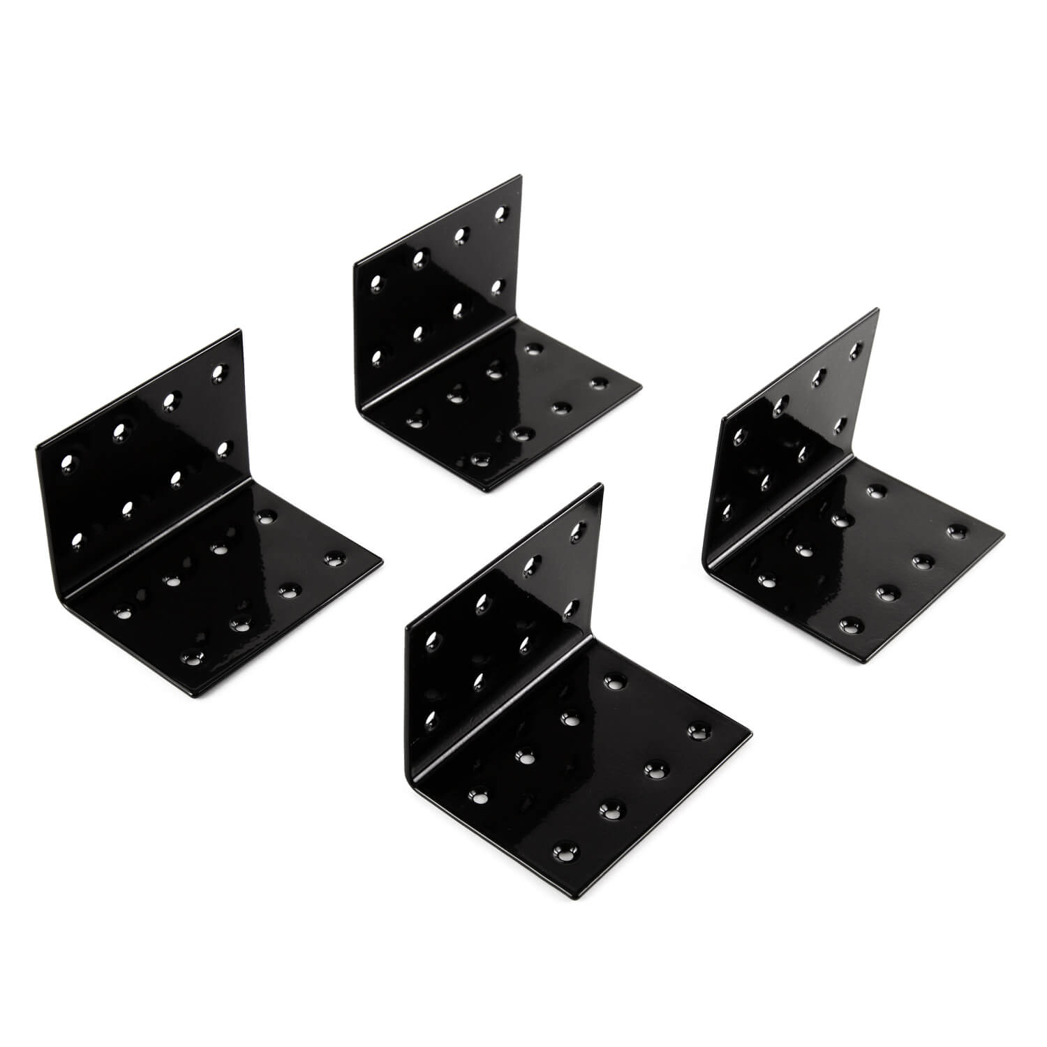 Klipsch Pro-800Sw Set of four black metal l-shaped shelf brackets with multiple holes for screws.