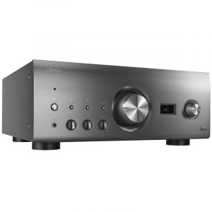 Denon integrated stereo amplifier with brushed aluminum front, large volume knob, input and tone controls, headphone jack, and display.