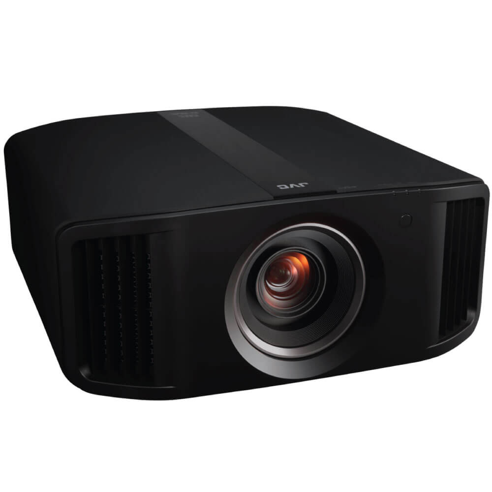 Jvc Dla-Nz8Be Projector Jvc home theater projector with large central lens, black compact enclosure and side ventilation slats.