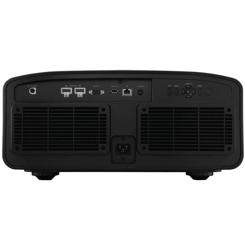 Jvc Dla-Nz8Be Projector Rear view of a black multimedia projector with hdmi, vga, usb ports, dual ventilation grills, and a power input.