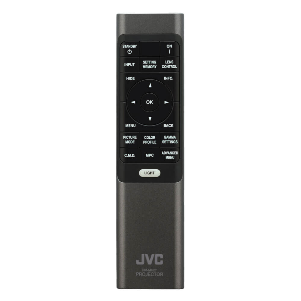 Jvc Dla-Nz8Be Projector Jvc projector remote control with a grey metallic body, black top keypad, circular ok pad and multiple function buttons.