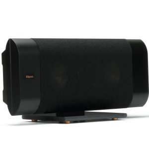 Klipsch black cylindrical speaker with fabric grille and base stand.