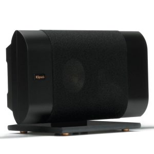 Klipsch black bookshelf speaker with fabric grille and orange logo, mounted on a black stand.