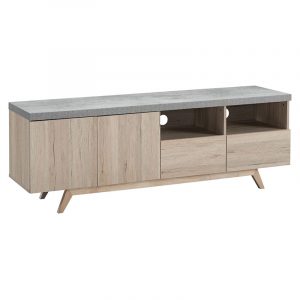 Light oak wood TV console with a gray concrete-look top, two open cubbies, two drawers, and angled legs.