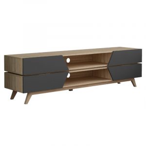 Contemporary wooden TV stand with gray angled-front drawers, open middle shelves, and tapered angled legs.