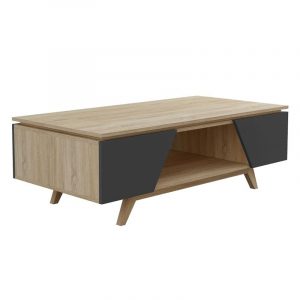 Modern oak coffee table with angled legs, open lower shelf, and dark gray cabinet doors.