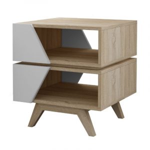 Two-drawer wooden nightstand with light oak finish, diagonal gray drawer fronts, open storage shelves, and angled legs.