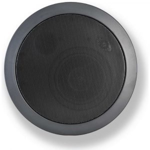 Round black speaker with a grey circular bezel and perforated grille.