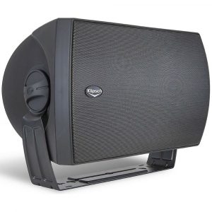 Klipsch speaker with mounting yoke and stand base, black perforated grille.