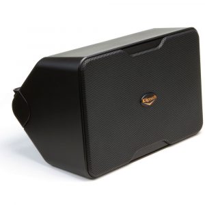 Klipsch black bookshelf speaker with perforated grille and orange logo badge.