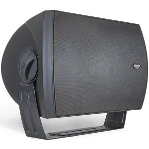 Klipsch speaker with black perforated grille and gray metal stand.