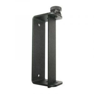 Black metal wall-mount bracket with vertical support, base plate, and top adjustable clamp knob