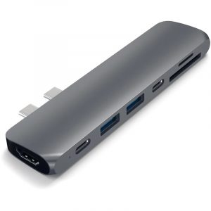 Slim aluminum USB-C multi-port hub with two USB 3.0 ports and SD/microSD card slots.