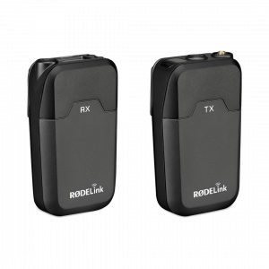 Two RØDELink wireless microphone TX and RX units in black and gray housings.