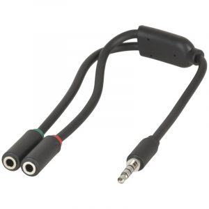 Black dual 3.5mm stereo headphone splitter cable with two color-coded female jacks and one male plug.