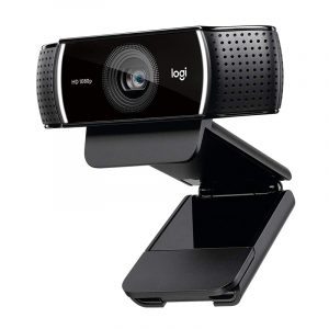 Logitech webcam with HD 1080p, black perforated housing, and adjustable clip mount.