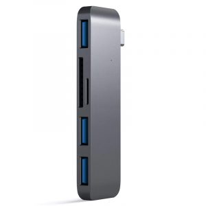 Slim aluminum USB-C hub with three USB 3.0 ports and an SD/microSD card slot.