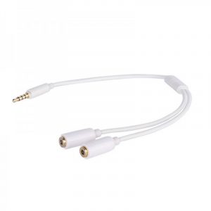 White 3.5mm stereo male to dual RCA female audio splitter cable.