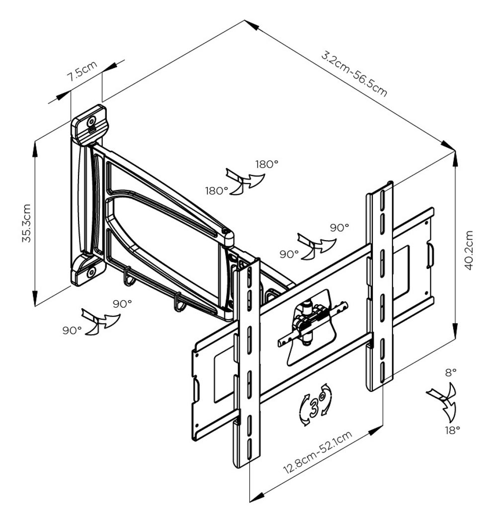 Tauris Cmw296 Articulating wall-mount bracket for a flat-screen tv or monitor with two vertical rails, extendable arm, and vesa-compatible design.