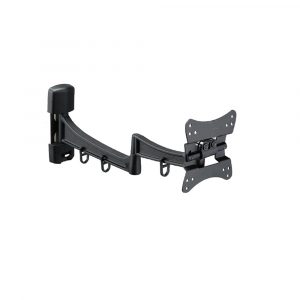 Adjustable curved articulating TV wall mount with VESA plate and integrated cable management hooks.