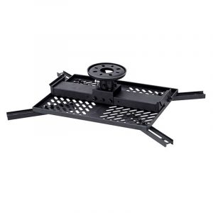Black metal camera rig with perforated base, side rails, and central mounting assembly with a circular spool.