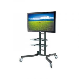 Flat-screen TV on a mobile rolling cart with glass shelves and caster wheels
