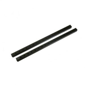 Pair of black perforated metal mounting rails with evenly spaced holes.