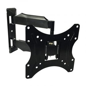 Black articulating wall-mount bracket for flat-screen TV with VESA mounting plate and extendable arm.
