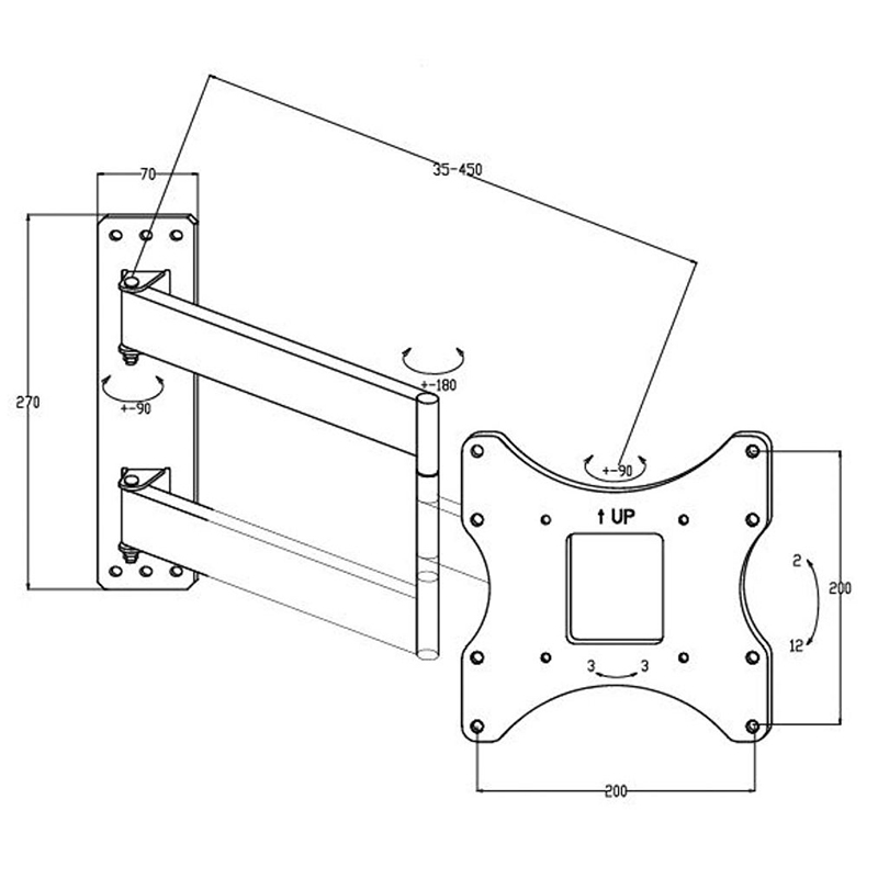 Tauris Tda22-B Wall-mounted articulating monitor arm with dual extendable arms and vesa 200x200 mounting plate.