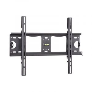 Adjustable dual-arm TV wall mount bracket with vertical rails and built-in bubble level.