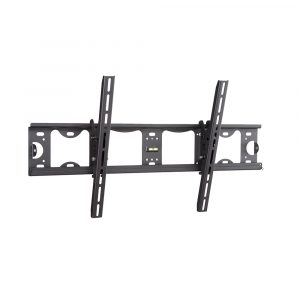 Black dual-arm full-motion TV wall mount bracket with adjustable rails and built-in level indicator.