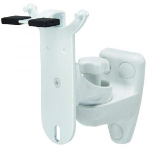 White plastic wall-mount bracket with black padded prongs and a curved locking clamp for holding cylindrical objects.