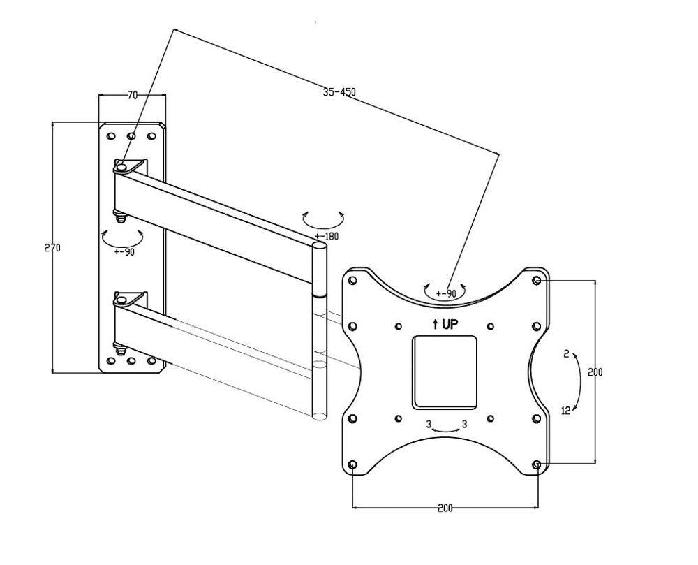 Tauris Tvmda22W Adjustable wall-mount monitor arm with two articulating arms and a square vesa mounting plate.