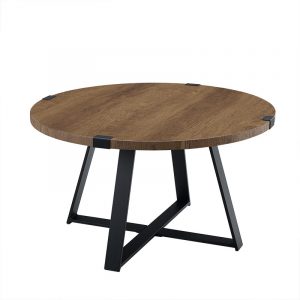 Round wooden top coffee table with black angled metal legs, modern industrial design.