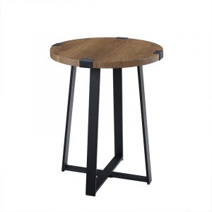 Round wooden-top stool with black metal frame and edge clamps.
