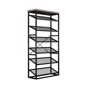 Tall black metal shelving unit with multiple slatted wire shelves and a wooden top surface.