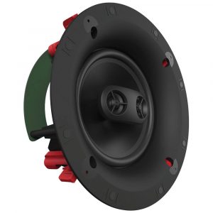 Round black speaker driver with red terminal connectors and green mounting bracket.