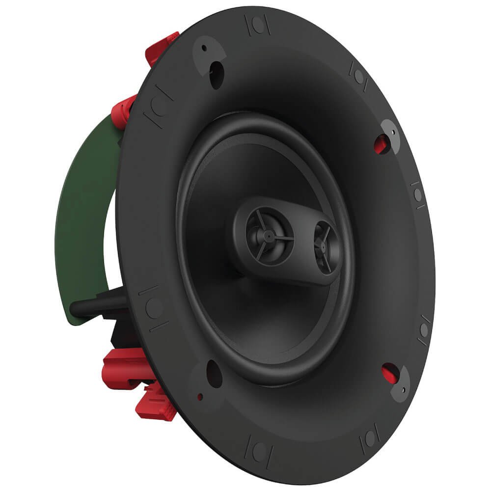 Klipsch Cs-16Csm Round black speaker driver with red terminal connectors and green mounting bracket.