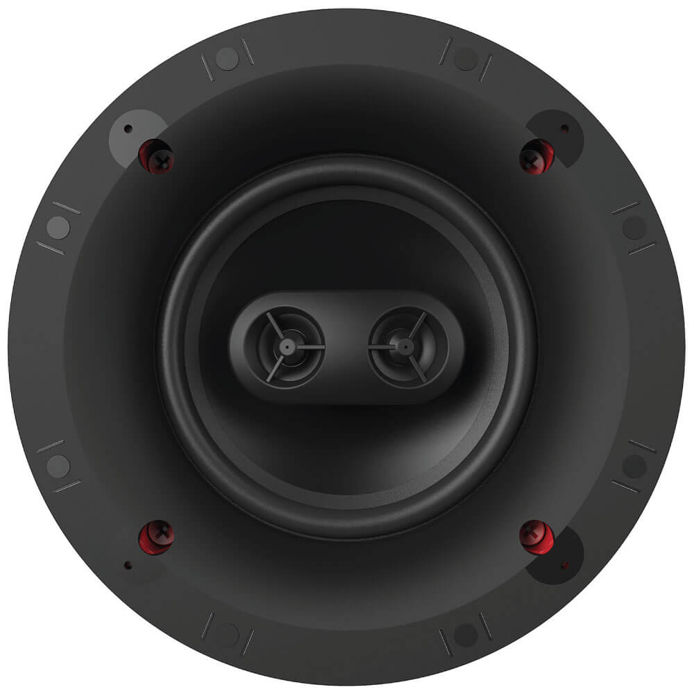 Klipsch Cs-16Csm Round black in-ceiling speaker with two small central drivers in a recessed housing.